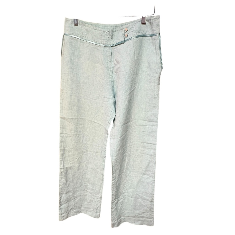 Kate Cooper Turquoise 100 % Linen Embroidery Waist Detail Trouser Pants 12